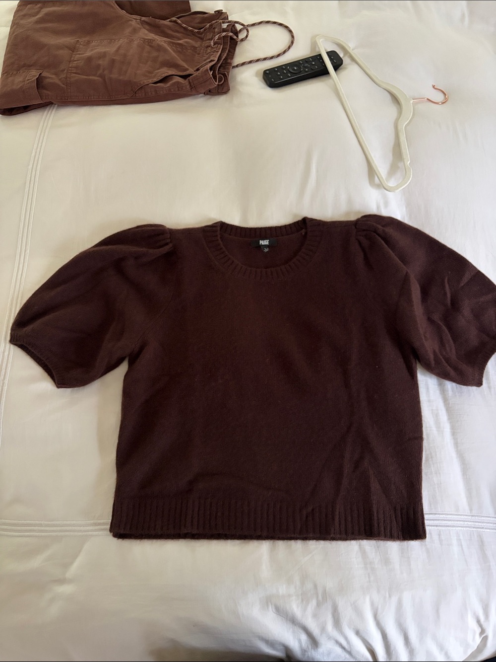 Paige Chocolate Brown Cashmere Puff Sleeve Crewneck Sweater